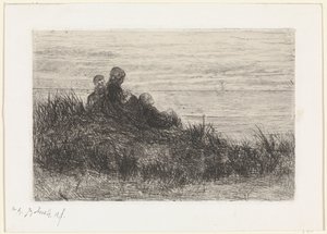 Klitlandskab med mor og børn af Jozef Israëls (signed by artist)
