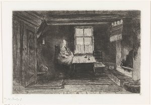 Interiør med mor og barn af Jozef Israëls (signed by artist)