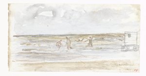 Badende i havet og en strandvogn af Jozef Israëls