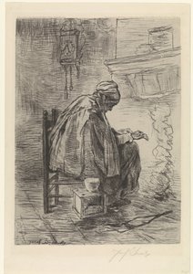 Gammel kvinde ved pejsen af Jozef Israëls