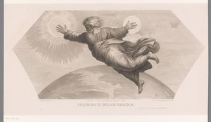 Gud skaber solen og månen Fecit duo luminaria magna. gen. I. Fredericae Belgii reginae (titel på objekt) Les loges de Raphaël (...) sujets de la bible (serietitel) Bibelske scener fra Rafaels loger (serietitel) af Jozef Karel De Meulemeester