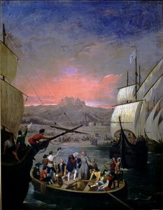 Startende i 1492 Palos karaveller Santa Maria, Pintaen og Ninaen (olie på lærred) af Juan Cabral Bejarano