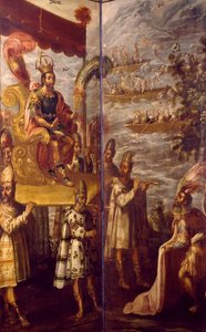 Montezuma, detalje fra mødet mellem Cortes og Montezuma, skærm tilskrevet Juan Correa (1645-1716), olie på lærred, 250x600 cm af Juan Correa