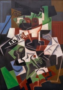 Frugtskål, pibe og avis af Juan Gris