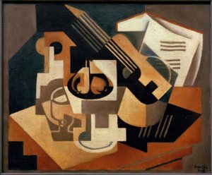 Guitar og skål med frugt af Juan Gris