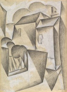 Huse i Paris, Place Ravignan, 1911 (sort kridt og gouache på hvidt papir) af Juan Gris