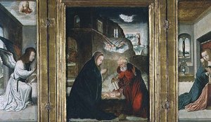 Kristi fødsel Triptykon med Fødsel flankeret af bebudelsen (panel) (se også 82427) af Juan de (school of) Flandes