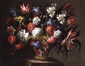 Stilleben af tulipaner, påskeliljer og andre blomster i en kurv