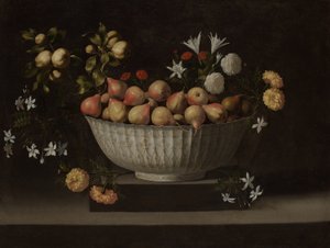 Blomster og frugt i en kinesisk skål