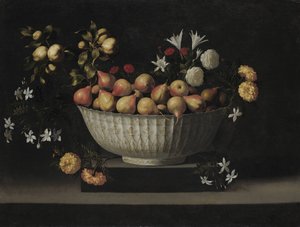 Blomster og frugt i en kinaskål, ca. 1645.
