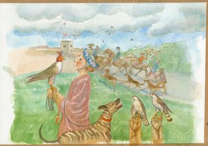 En tidlig middelalderlig jagtscene (akvarel på papir) af Judith Dobie