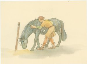 En middelalderlig brudgom, der børster en hest, 2004.