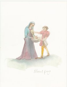 En middelalderside, der hjælper en dame med at vaske hænder, 2004. af Judith Dobie