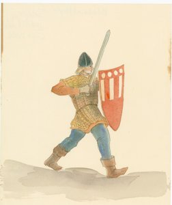 En middelaldersoldat med et langt sværd i højre hånd og et skjold i venstre, 2004.