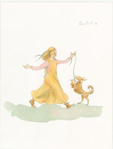 En middelalderlig kvinde leger med en hund, 2004.