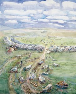 Avebury Henge under opførelse (akvarel på papir) af Judith Dobie