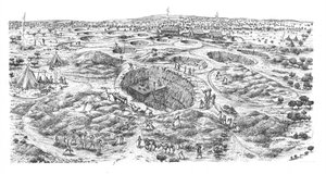 Neolitisk flintminedrift ved Easton Down, Wiltshire (pen og blæk på papir) af Judith Dobie