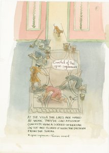 Håndværkermesteren og hans arbejdere lægger et gulv til Julias mosaik, 2003. af Judith Dobie