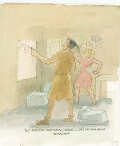 Håndværkermesteren tegner designs til Julias mosaikgulv, 2003. af Judith Dobie