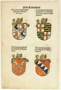 Biskoppernes våbenskjolde (recto og verso) fra Das Concilium so zu Constantz, plade 26 fra Træsnit fra bøger fra det XVI århundrede