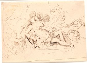 Hvilende Venusfigur, omgivet af seks putti, der leger med sværd, pil og hjerte af Jürgen Ovens