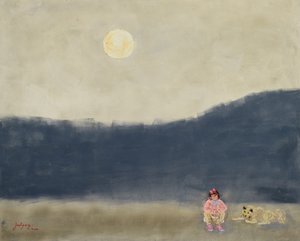 Barn og hund i måneskin af Jukyong Park