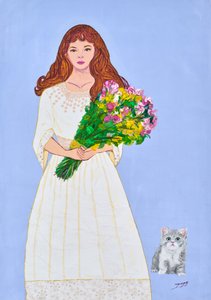 Pige med blomster og killing