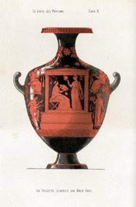 Græsk vase, der dekorerer en kvinde på et toilet, der holder en æske med kosmetik og parfume assisteret af en slave, der vinker med en vifte af Jules (after) Cheret