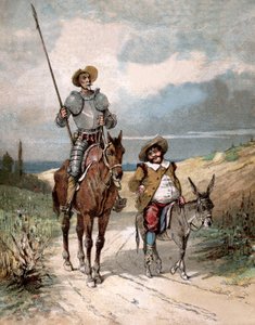 Don Quixote og Sancho Panza, illustration af bog af Miguel de Cervantes "History of Don Quixote", gravering efter Jules David