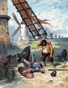 Don Quixote har kæmpet med vindmøller og faldet fra sin hest, Sancho Panza ser på sin herre, illustration af bog af Miguel de Cervantes "Histoire de Don Quichotte", gravering efter Jules David