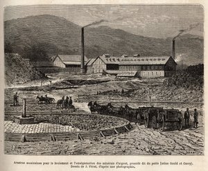 Mexicanske arastras (område trampet af muldyrenes fødder, som til betræden af bles) til formaling og sammenlægning af sølvmalme (Gould og Curry fabrikker) i nærheden af Virginia City (Nevada), gravering efter J.Ferats tegning , illustrati af Jules (after) Ferat