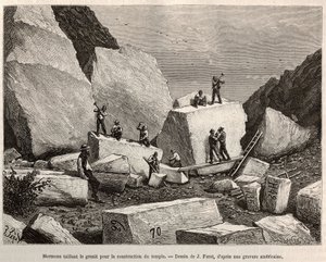 Mormonskærende granit til tempelbygning. Gravering efter J.Ferats tegning, for at illustrere historien La conquete blanche, af William Hepworth Dixon, i 1875, udgivet i "" Le tour du monde""" 1876, redigeret af Edouard Charton, Hachette-udgaven, Paris af Jules (after) Ferat