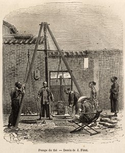 Vejningen af teen før dens ekspedition på kommercielle markeder i en krudtfabrik i Fati Bay (Canton Province), indgraveret efter en tegning af J.Ferat, der illustrerer rejsen til Kina, af J. Thompson, i 1870-1872, udgivet i " Le tour du monde” 18 af Jules (after) Ferat