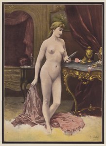 Kvinde med et spejl (farve litho) af Jules (after) Scalbert