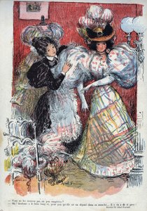 Synes du ikke, de er lidt overdrevne? Humoristisk tegning af Abel Faivre (1867-1945). "" Latteren "", n. 45 1895. - En kvinde prøver en ny kjole med to store ærmer. Hun beder om råd fra sin udklædte.