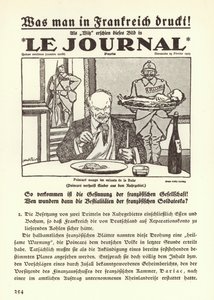 Tysk propaganda, der viser forsiden af en fransk avis med en tegneserie, der viser premierminister Raymond Poincare, der spiser børnene i Ruhr under den franske besættelse af regionen