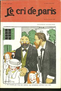 Illustration af Abel Faivre (1867-1945) til forsiden af Le Cri de Paris, 04/09/10 - "" Rør ikke for mange børn, fly kan se dig. “” - Tyskland Preussen, Luftfart af Jules Abel Faivre