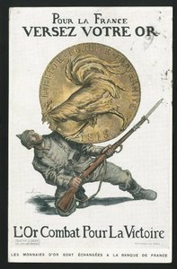Postkort, Satirique en Colours, ca. 1915: Til Frankrig, hæld dit guld - 14-18-krigen, Tyskland Preussen, Sølv, krigerister og symboler, Sejr, Lån, Rejser patriotiske - Hane - Illustration af Abel Faivre (1867-1945) af Jules Abel Faivre