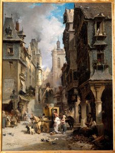 A rue de Morlaix i 1830 Maleri af Jules Achille Noel (1815-1881) 1830 Quimper, Museum of Fine Arts