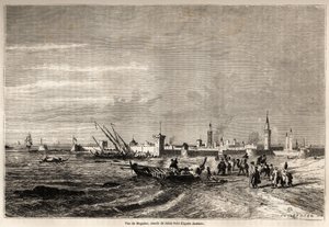 Udsigt til Essaouira (Trainly Mogador), tegning af Jules Noel (1810-1881), for at illustrere Mr.F. Schicklers rejse til Marokko i 1860. Enggraving in “” le Tour du Monde, New Journal des Voyages ”” Paris