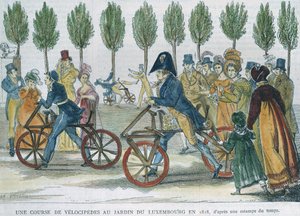 Et velocipedløb ved Jardin du Luxembourg i 1818 efter en gravering fra tiden, indgraveret af P. Comte (1800-tallet) (farvegravering) af Jules Antoine Duvaux