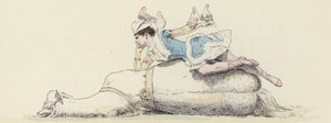 Cirkusartist, liggende på en hest, med duer på armen og hovedet (farve litho) af Jules Arsene (after) Garnier