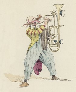 Klovn spiller et usædvanligt musikinstrument (farve litho)