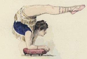 Kvindelig gymnast laver albuestand (farve litho)