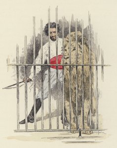 Løve og løvetæmmer i et bur (farve litho) af Jules Arsene (after) Garnier