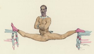 Mandlig gymnast laver splitterne (farve litho)