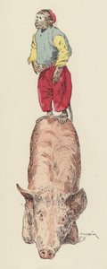 Abe rider på en gris (farve litho)