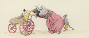 Gris, der skubber en hund i en barnevogn, med en abe bagved (farve litho)