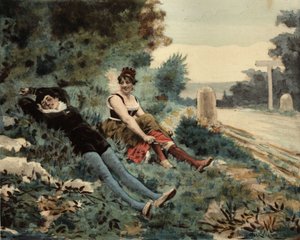 En pariser og en picard sidder på græsset. Pantagruel. Illustration af Jules Garnier. I "Rabelais et l