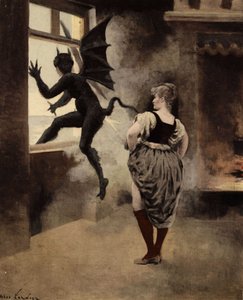 En gammel kvinde fra Papefiguiere skræmmer Djævelen, der løber ud af vinduet. Pantagruel. Illustration af Jules Garnier. I "Rabelais et l